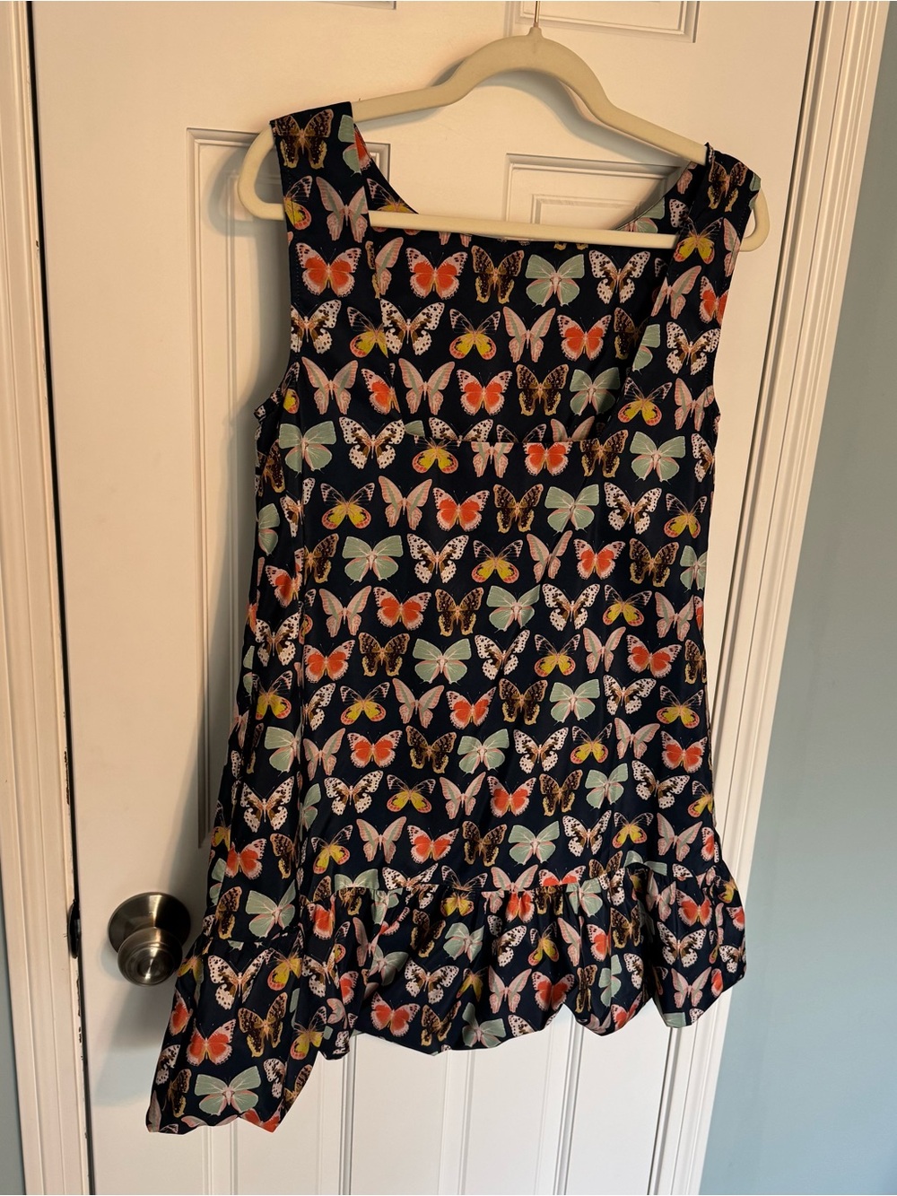 Maeve Butterfly Mod Mini Dress Navy Print Ruffle-Hem Dress pockets 6p petite - Picture 7 of 11